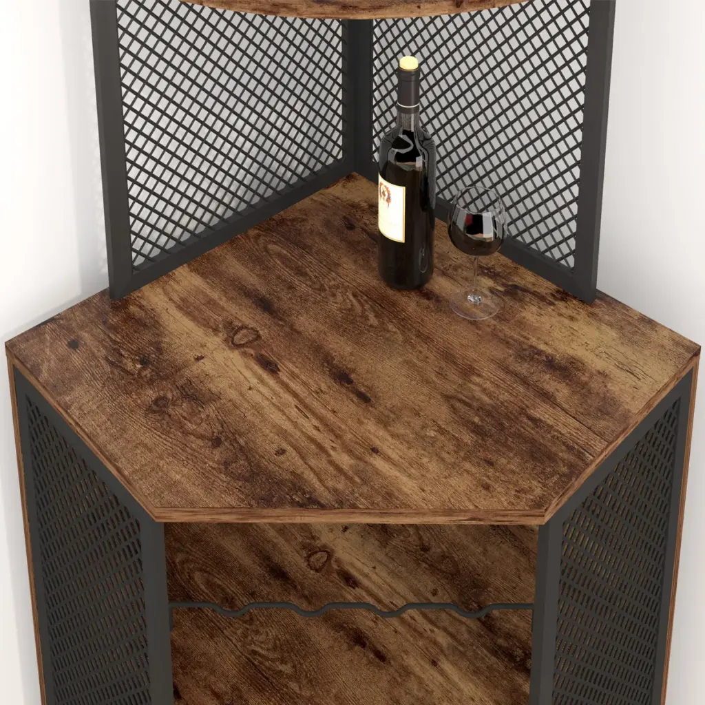 Corner Bar Cabinet with Adjustble Shelf Storage, Rustic Brown_02