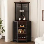 Corner Bar Cabinet with Adjustble Shelf Storage, Walnut_02