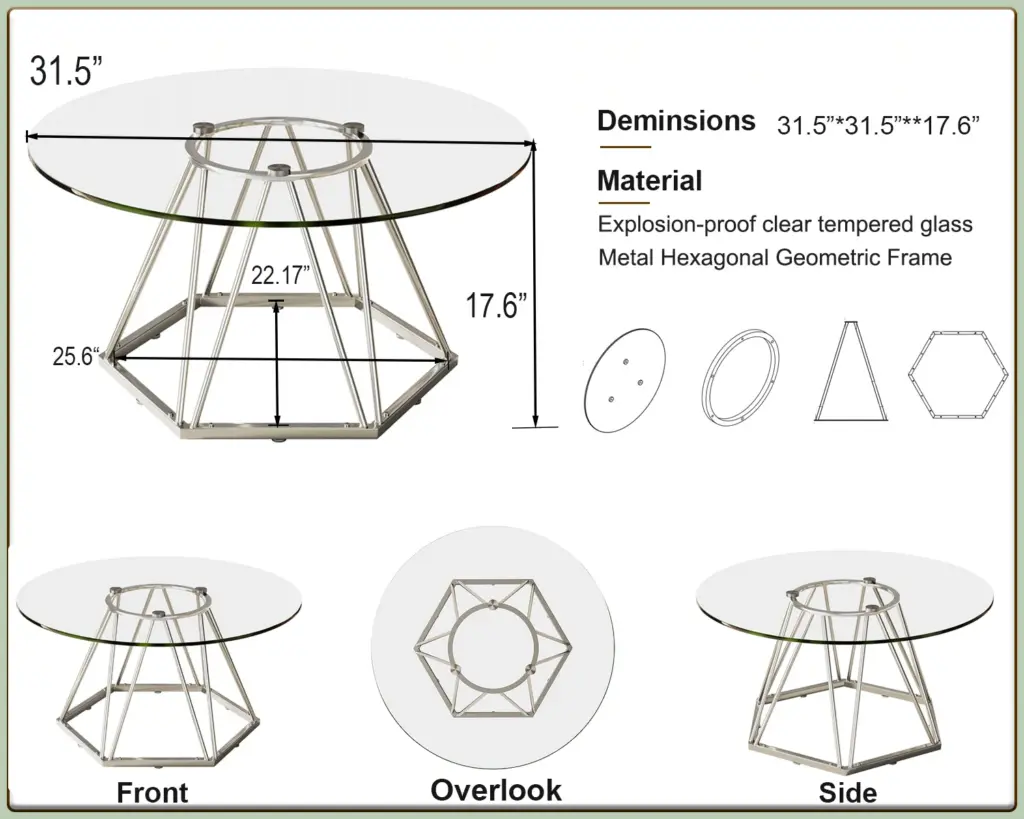 Round Glass Coffee Table with Silver Hexagonal Metal Base_02