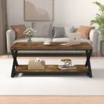 X Shaped Leg Coffee Table with Shelf, Rustic Brown, 47 Inch_03