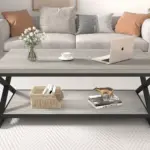 X Shaped Leg Coffee Table with Shelf, Light Grey Oak, 47 Inch_03