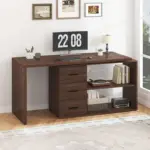 L Shaped 360 Rotating Computer Desk with 3 Drawers, Walnut_03