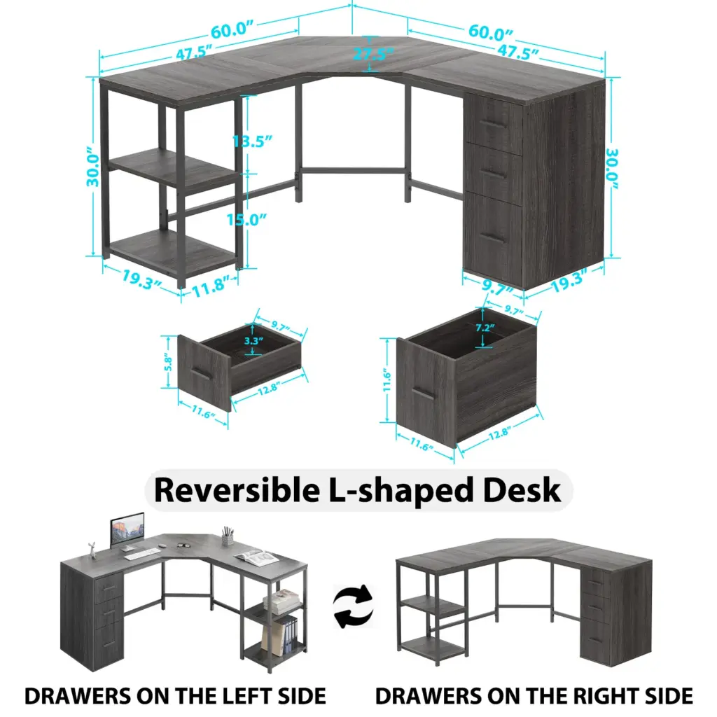 L Shape Desk with Drawers and Storage Shelf, Dark Gray Oak_04