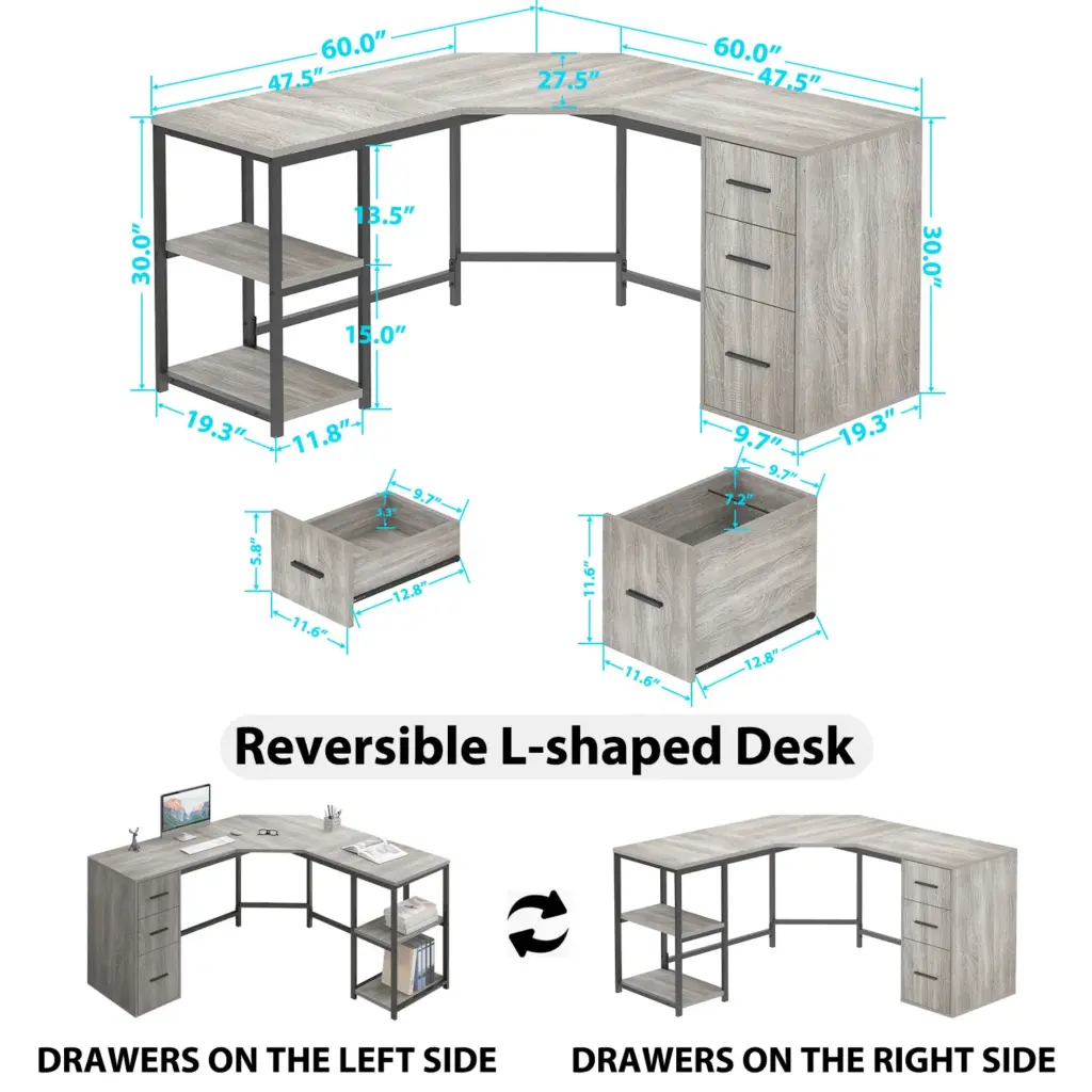 L Shape Desk with Drawers and Storage Shelf, Light Grey Oak_04
