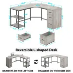 L Shape Desk with Drawers and Storage Shelf, Light Grey Oak_04