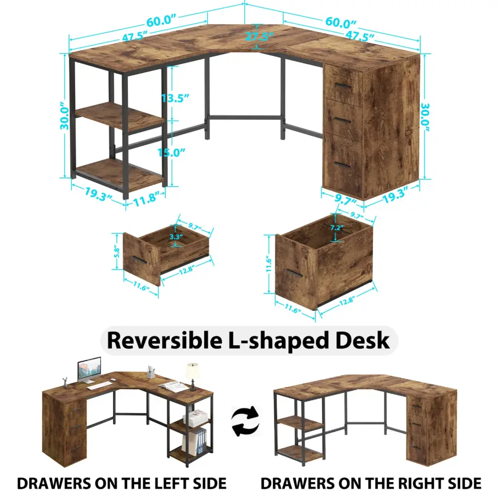 L Shape Desk with Drawers and Storage Shelf, Rustic Brown_04