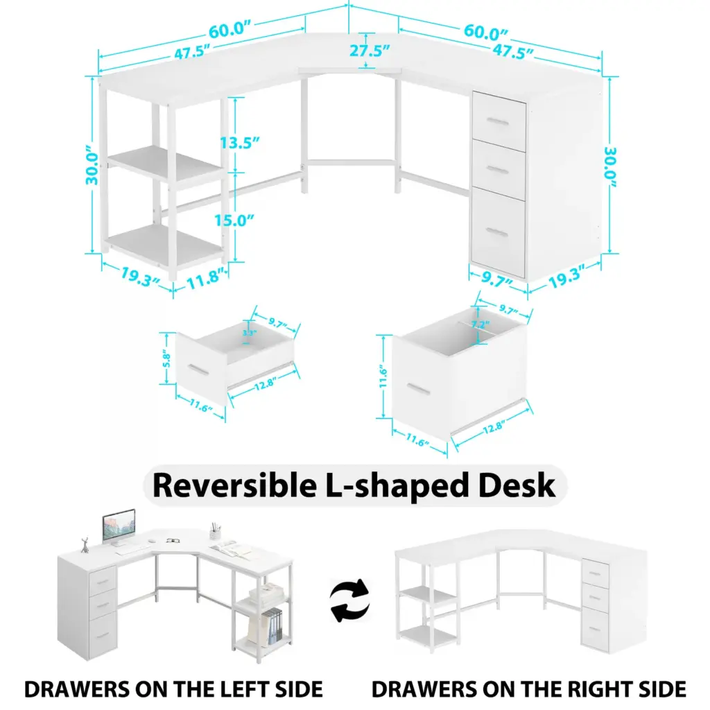 L Shape Desk with Drawers and Storage Shelf, White Oak_03