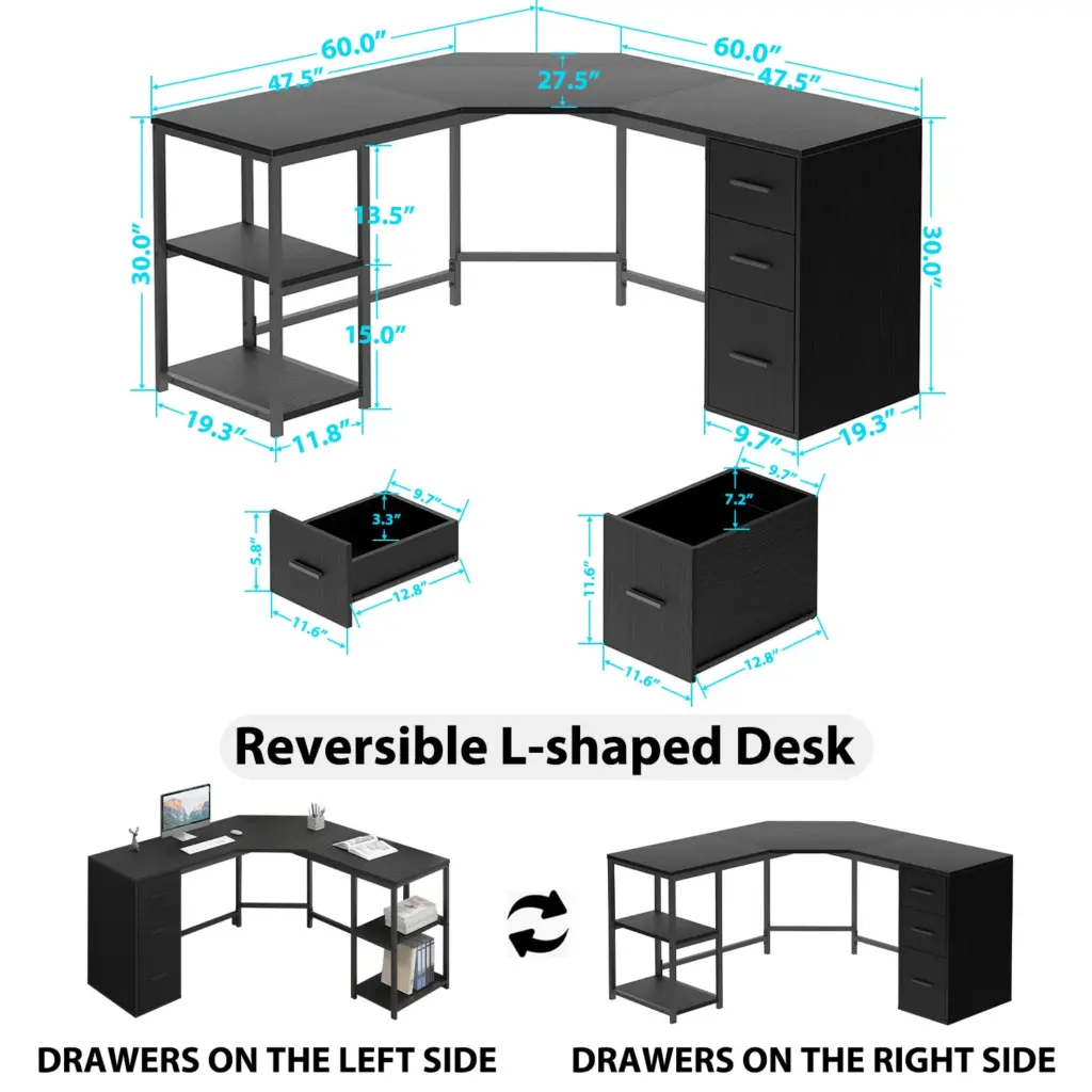 L Shape Desk with Drawers and Storage Shelf, Black Oak_04