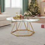 Round Glass Coffee Table with Golden Hexagonal Metal Base_03