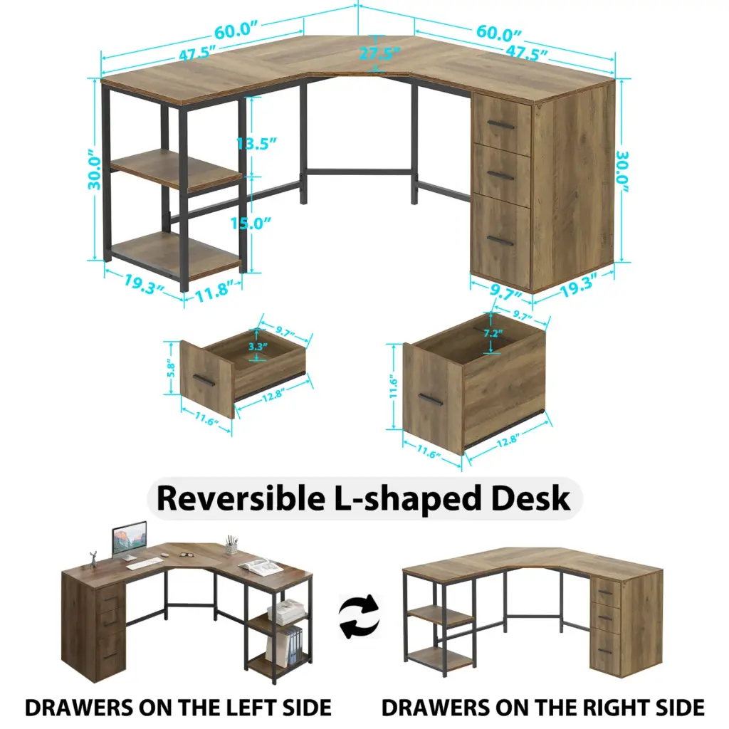 L Shape Desk with Drawers and Storage Shelf, Rustic Oak_04