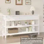 The Sofa Table with 3 Drawers in White Oak offers chic style, two shelves (including an adjustable one), and robot vacuum accessibility. Perfect for any room, it can be decorated with plants, books, a speaker, or a clock.