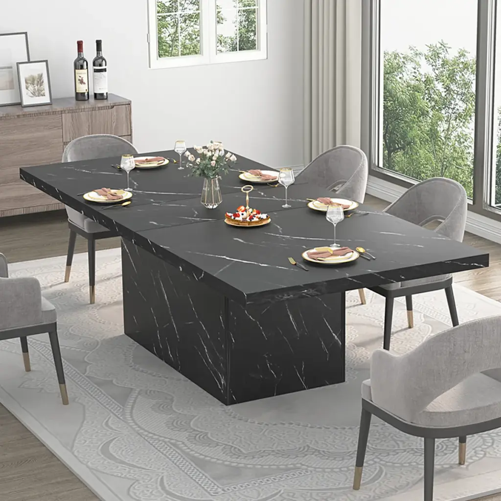6-8, 70.87 Inch Black Faux Marble Dining Table