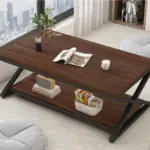 X Shaped Leg Coffee Table with Shelf, Walnut, 47 Inch_04