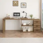 L Shaped 360 Rotating Computer Desk with 3 Drawers, Rustic Oak_04