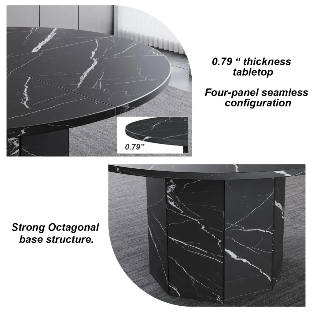 Black Faux Marble Round Dining Table with Octagon Base