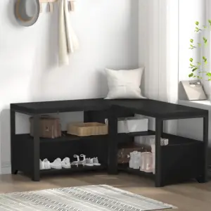 Corner Storage Bench with Shelf, Black Oak 02