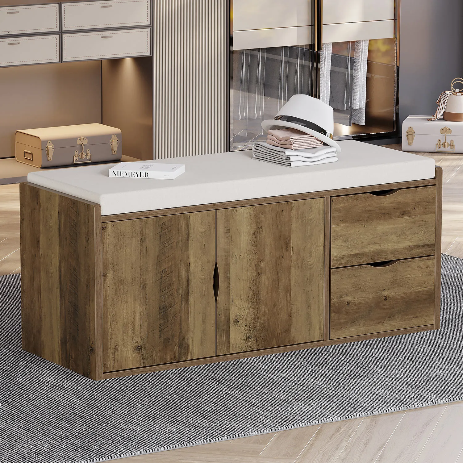 Entryway Bench with Padded Cushioned Seat, Rustic Oak 03