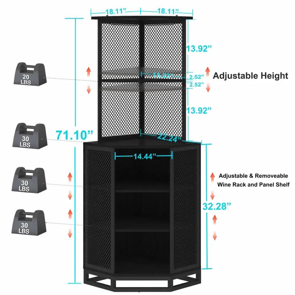 Corner Bar Cabinet with Adjustble Shelf Storage, Black Oak_04