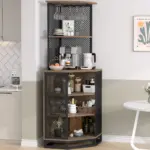 Corner Bar Cabinet with Adjustble Shelf Storage, Rustic Oak_04