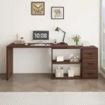 L Shaped 360 Rotating Computer Desk with 3 Drawers, Walnut_04