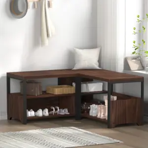 Corner Storage Bench with Shelf, Walnut 05