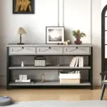 Sofa Table with 3 Drawers, Light Grey Oak_04