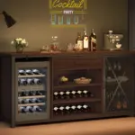 A modern home bar with a wine fridge, open shelving with wine bottles, liquor bottles, glassware, and a coffee maker, set against a wall with a "Cocktail Party" neon sign.