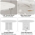 Four labeled sections highlight features of the 47.24" Round Dining Table with Fridge Space: density board thickness, wine glass holder, engineered wood, and rear cable management—a modern update on classic white faux marble design.