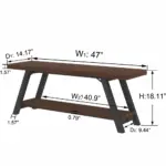 The Industrial Wood Bench, Walnut features a rectangular top, black angled legs, lower shelf, and labeled dimensions of 47” width and 18.11” height—ideal as an industrial-style bench for versatile spaces.