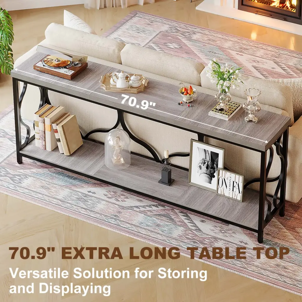 70.9 Inch Sofa Table with Storage shelves, Light Grey Oak_04