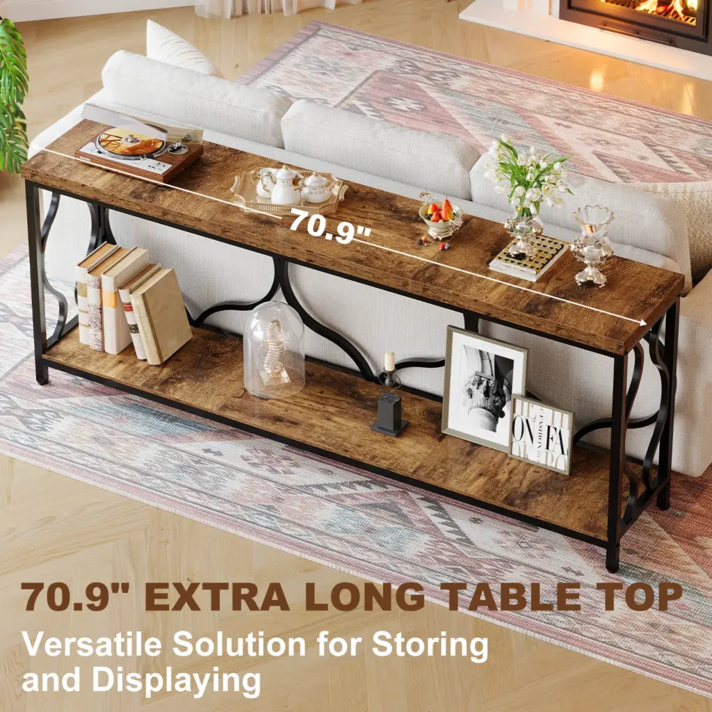 70.9 Inch Sofa Table with Storage shelves, Rustic Brown_05