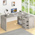 L Shaped 360 Rotating Computer Desk with 3 Drawers, Light Grey Oak_05