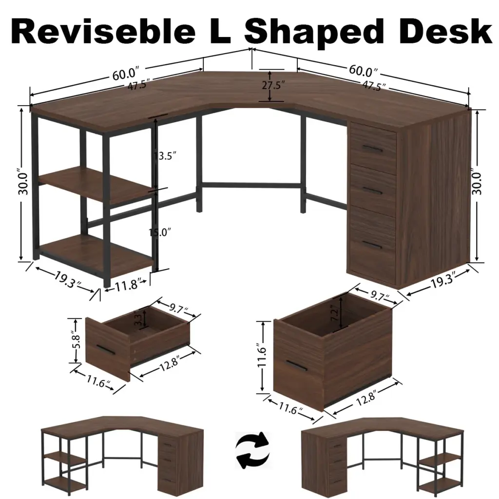 L Shape Desk with Drawers and Storage Shelf, Walnut_04