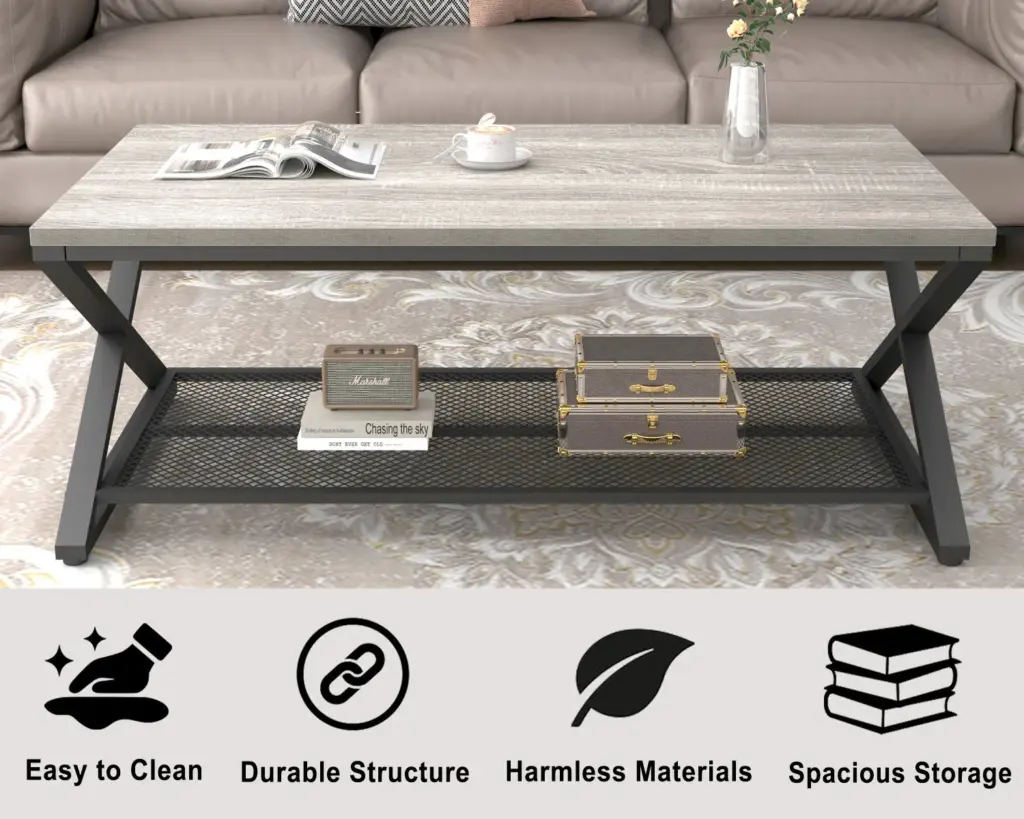X Shaped Leg 2 Tier Coffee Table, Light Grey Oak, 47 Inch_05