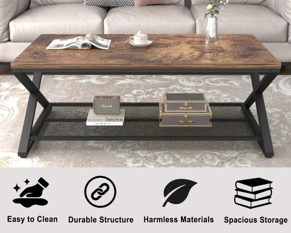 X Shaped Leg 2 Tier Coffee Table, Rustic Brown, 47 Inch_05