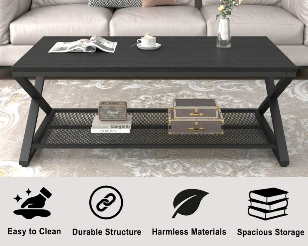 X Shaped Leg 2 Tier Coffee Table, Black Oak, 47 Inch_05