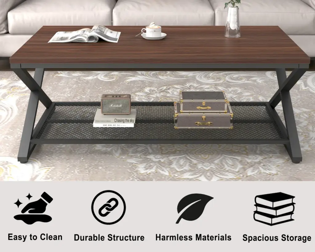 X Shaped Leg 2 Tier Coffee Table, Walnut, 47 Inch_05