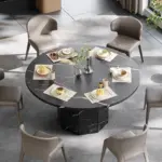Round Dining Table with Octagon Base, Black Faux Marble, 47.0 Inch 02