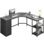 L Shape Desk with Drawers and Storage Shelf, Dark Gray Oak_06