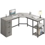 L Shape Desk with Drawers and Storage Shelf, Light Grey Oak_06