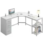 L Shape Desk with Drawers and Storage Shelf, White Oak_06