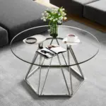 Round Glass Coffee Table with Silver Hexagonal Metal Base_05