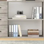 L Shaped 360 Rotating Computer Desk with 3 Drawers, Light Grey Oak_06