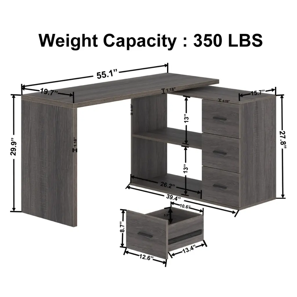 L Shaped 360 Rotating Computer Desk with 3 Drawers, Dark Gray Oak_06