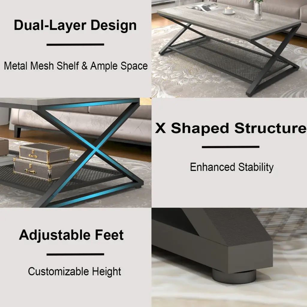 X Shaped Leg 2 Tier Coffee Table, Light Grey Oak, 47 Inch_06