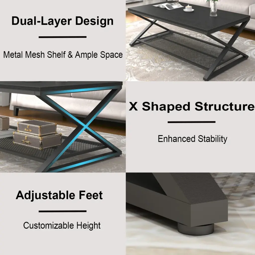 X Shaped Leg 2 Tier Coffee Table, Black Oak, 47 Inch_06