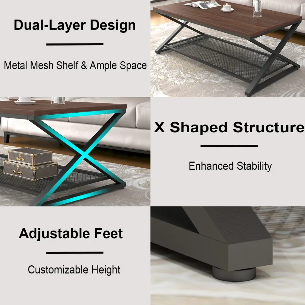 X Shaped Leg 2 Tier Coffee Table, Walnut, 47 Inch_06