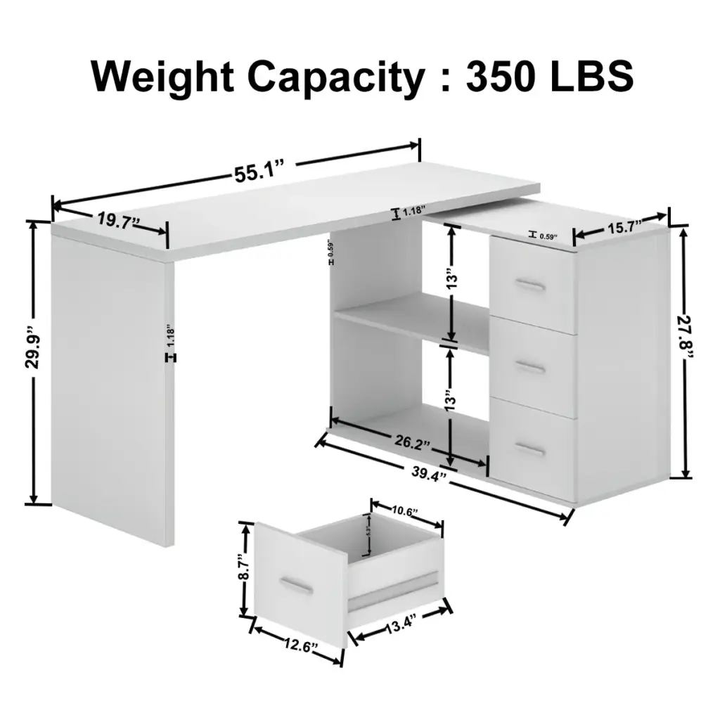 L Shaped 360 Rotating Computer Desk with 3 Drawers, White Oak_06