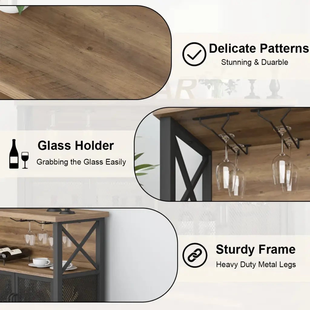 Coffee Bar Cabinet for Liquor and Glasses, Rustic Oak_06