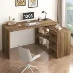 L Shaped 360 Rotating Computer Desk with 3 Drawers, Rustic Oak_06